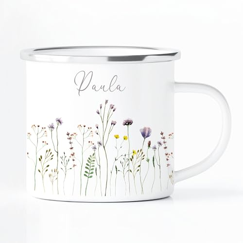 Wandtattoo Loft Wildblumen Emaille-Tasse personalisiert mit Wunschnamen, silber – Camping Tasse 330ml, Emaille Becher, Namens-Tasse mit lila Blumen Design, individuelle Campingtasse mit Wunschname