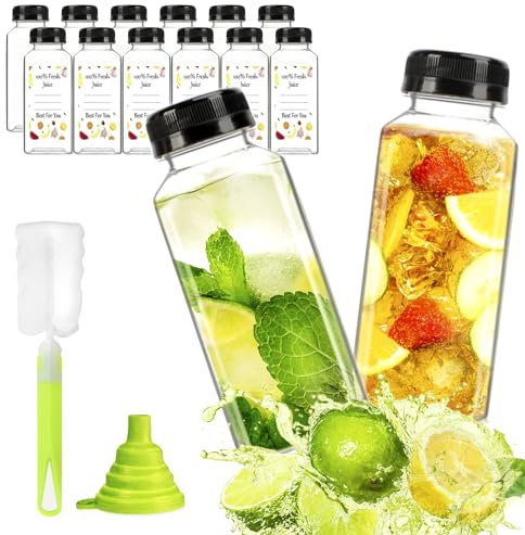 12pcs 12oz Plastic Juice Bottles, Reusable Juice Containers with Black Tamper Proof Lids, Brush, Funnel and Labels, Clear Juice Bottles for Juicing, Smoothie and Homemade Beverages