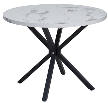 GrandCA HOME Mesa de Comedor Redonda con Tapa Moderna con Efecto Mármol, Mesa de Comedor de Cocina con Cuatro Patas de Metal, para Comedor, Sala de Estar, Blanco+BKL