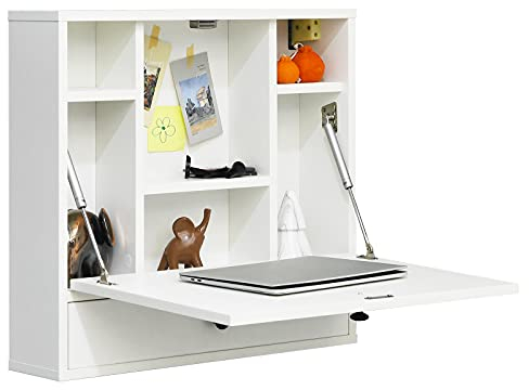 COSTWAY Scrivania Pieghevole a Muro, Tavolo da Parete con Ripiani e Cassetto e Piano Ribaltabile, Scrivania a Ribalta da Parete Multiuso da Studio Camera da Letto e Soggiorno (Bianco)