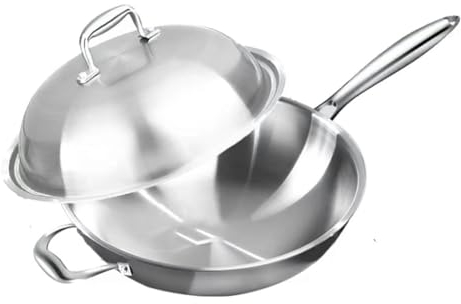 Troupmiye Poêles à sauter Sauteuse en acier inoxydable, Wok for induction/feu ouvert à gaz, poêles à frire avec couvercle en acier, non revêtu/acier inoxydable 316 (Color : Steel, Size : 40cm)