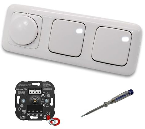 EBROM 1002 Universal PRO LED Drehdimmer Dimmer + Busch Jäger Dimmerscheibe 2115-214 und 2 x Lichtschalter 2000/6 US in Reflex Si alpinweiß glänzend inklusive EBROM Phasenprüfer zur Montage der Geräte