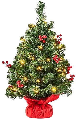 Yaheetech 60cm Mini Árboles de Navidad Artificiales con 35 Luces LED Blanca cálida y 40 Bayas Rojas para Decoración Navideña en Casa Oficina
