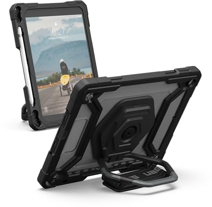 URBAN ARMOR GEAR Plasma HK Case Apple iPad 10.2 Hülle (2021/2020 / 2019) [360 Grad drehbare Handschlaufe, Inkl. Displayschutzfolie, Apple Pencil/Logitech Crayon Halter] transparent/schwarz