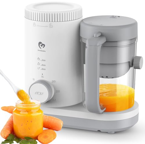 Baby Food Maker Bellababy Baby Food Processor, Puree Blender Steamer with Reversible Steam Basket, One Button Easy Operation & Large Opening for Easy Cleaning (Grey-01)