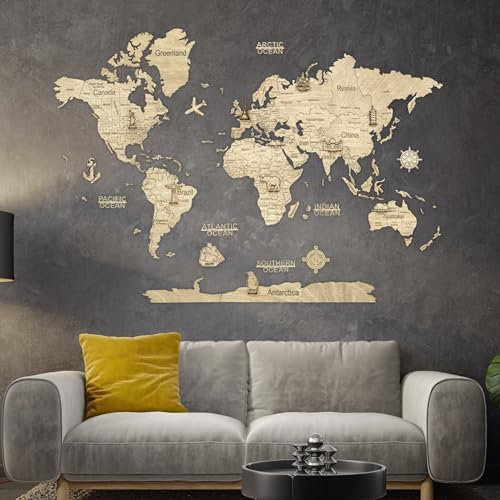 Creatifwood Carte du monde en bois 2D pour décoration murale - Mappemonde en Bois - Art mural - Pour salon, bureau ou chambre (Light, 150L x 105l cm)