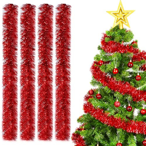 SinLaw Guirnalda de Navidad - 4 Espumillones de Abeto Rojo, 3 m de Oropel para Árbol