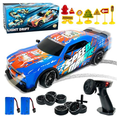 RC Drift Rennwagen, Drift Ferngesteuertes Auto 25km/h, 1/14 GT RC Drift Auto Fernbedienung, Variable Geschwindigkeit RC Auto, Spielzeugauto mit Driftfunktion für 4,6,7,8 + Jahre Kindergeschenke(Blau)