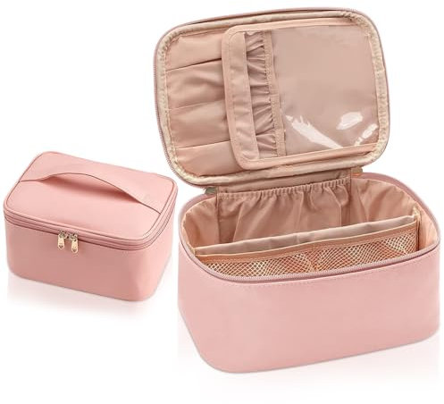 Kosmetiktasche Damen, Reise Schminktasche Groß Make Up Tasche Organizer, Wasserdichter Reise Kosmetiktasche Mit Griff und BüRstenfach Kulturtasche (Rosa)