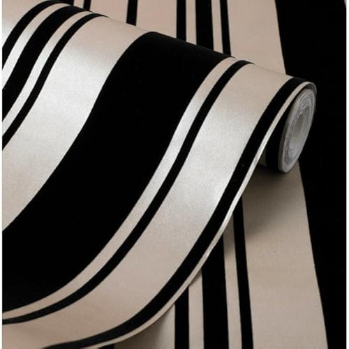 44009 Exclusive Flock Stripe Black Champagne Gold Wallpaper