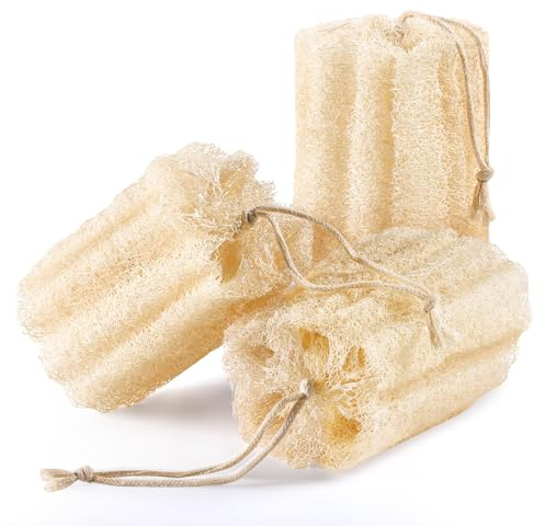 RIYNIBIY Egyptian Loofah Sponge, 3 Pack Natural Exfoliating Shower Scrubber | Natural Egyptian Loofah Sponge, Round Shape Bath Sponge for Face & Body, Men & Women, Gentle Exfoliation, Large Size