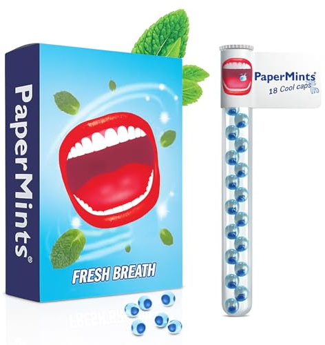 PaperMints CoolCaps 6 Röhrchen mit 18 Zuckerfrei Minz-Perlen | Für frischen Atem & gegen Mundgeruch, Schnelle Hilfe bei trockenem Mund, Halal, Vegan, Doppelwirkung, 108 Kapseln gesamt