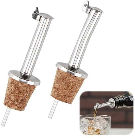 2 Pièces Becs Verseurs, Une Bouche Droite et Une Bouche Courbée Verseur Huile d'Olive pour Spiritueux/Huile/Vinaigre pour Bouteilles, avec Bouchon en Liège Naturel et Rabat en Acier Inoxydable