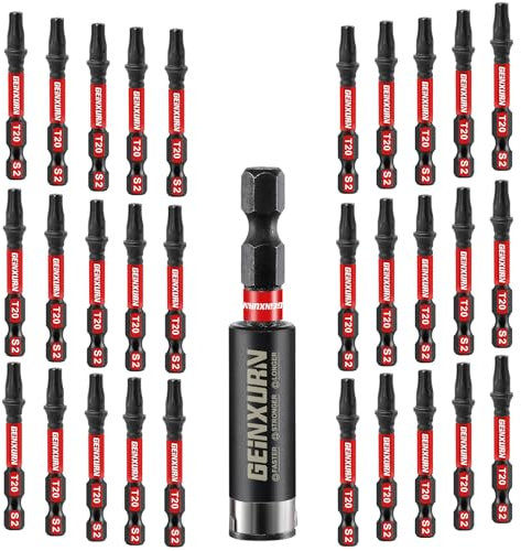 GEINXURN 30 Stück T20 Schlagfester Schrauberbitsatz 50mm Länge #20 Torx 1/4 zoll Sechskantschaft Antriebsbits mit 1 Stück 60mm Magnetische Bit-Halter, S2 Legierter Stahl T20 Schraubendreher Bits Set
