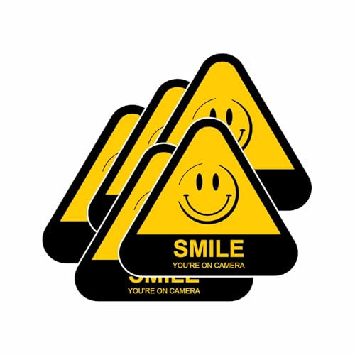 Security Warning Sign Sticker, Smile You're on Camera, Self-Adhesive, 80mm x 70mm, Yellow and Black (5)