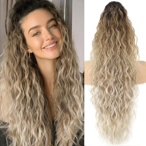PORSMEER Damen Pferdeschwanz mit Klammer, Lange Wellig Lockig Haarteil Zopf Haarverlängerung Claw Clip in Haarteil Ponytail für Frauen 75cm (Braun Ombre mit Blond)