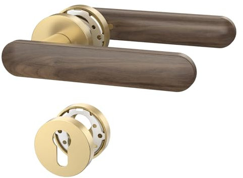 Amerdeco Türgriff Set aus Holz in Nussbaumfarben aus Aluminium – PZ Türbeschlag für Wohnungseingangstüren, Türklinke, Drückergarnitur UK0083