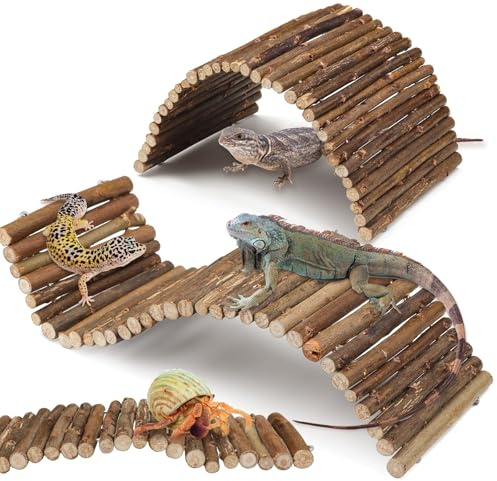QUOZUO 2 puentes de madera flexibles para escondite de reptiles, cangrejo ermitaño, juguetes de escalada de cangrejo ermitaño, decoración de hábitat de tanque de reptiles, cabaña de madera para