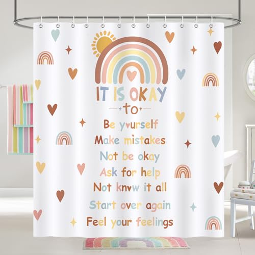 COZZSNUGE Duschvorhang 180 x 180 cm Kinder Regenbogen, Boho Inspirativ Positiv Zitate Duschvorhänge Anti-schimmel Wasserdicht Polyester Badvorhang mit 12 Duschvorhangringen