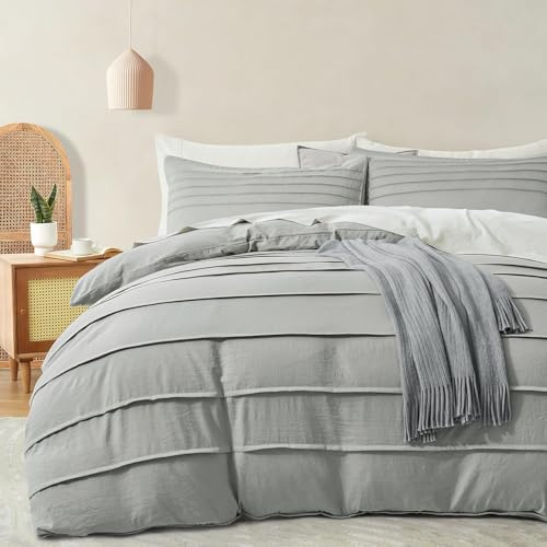 DJY Pleated Double Duvet Cover Set - 3PCS Soft & Breathable Textured Design - Grey Bedding with Zipper Closure (Grey, 200x200cm)