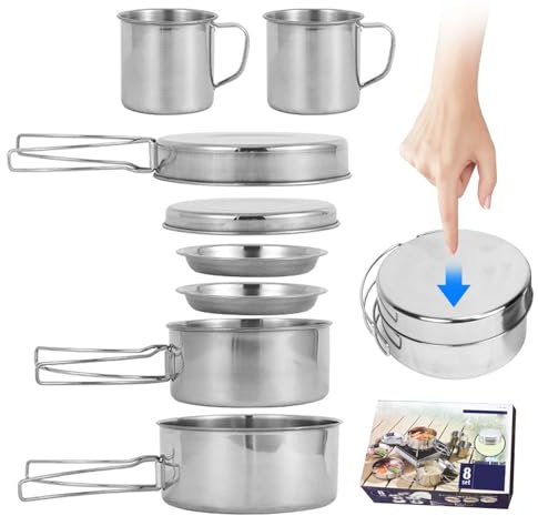 Camping Pots And Pans Set|Camping Cooking Set 8PCS Stainless Steel Cookware Portable Cooking Pot and Pan with Plates Cups for 5-6 Adults Outdoor Hiking Picnic BBQ
