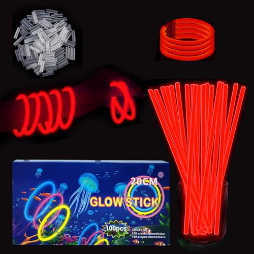 YAAVAAW Knicklichter Kinder Party Set,100 Stück Rot Leuchtstäbe Kinder+100 Verbinder,Schwarzlicht Deko Brillen&Armreifen Für Halloween,Weihnachten, Geburtstage,Hochzeit,Neon Leuchtstäbe Party Set