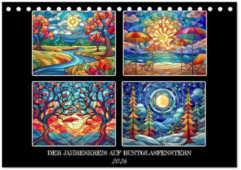 Der Jahreskreis auf Buntglasfenstern (Tischkalender 2026 DIN A5 quer), CALVENDO Monatskalender: Für jeden Monat ein buntes Fenster (CALVENDO Kunst)