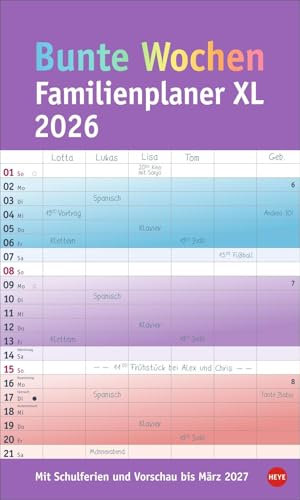 Bunte Wochen Familienplaner XL 2026: Familienkalender mit 6 Spalten. Praktischer Familien-Wandkalender mit Schulferien. Extra breiter Terminkalender. (Familienplaner Heye)