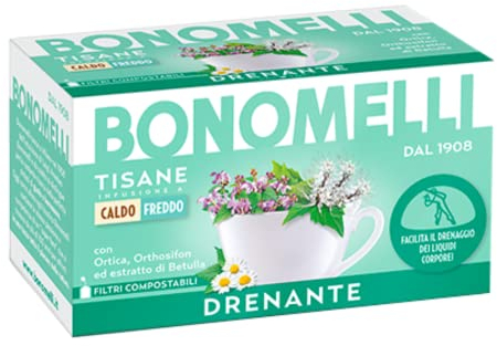 Bonomelli Tisane Funzionali, Drenante, Confezione da 16 Filtri, con Ortica, Orthosifon e Betulla, Integratore Alimentare, Facilita Il Drenaggio Dei Liquidi Corporei, Infusione a Caldo e a Freddo (32g)