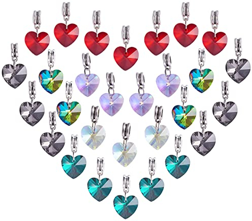 PH PandaHall 6 Farben Herz Glas Charms Anhänger, 30 Stück Facettierte Herz Kristall Charms Strass Aufhänger Große Lochperlen für Hochzeit, Valentinstag, Mutter, Halskette, Armbänder, Loch: 5mm