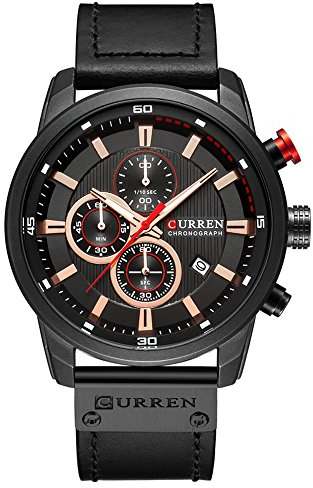 CURREN Herren-Armbanduhr mit Lederband, Militär-Stil, Chronograph, wasserdicht, Sport, Datum, Quarz-Armbanduhr, Geschenke (Schwarz / Schwarz), Schwarz Schwarz, Chronograph, Quarz-Uhrwerk