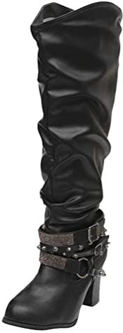 Minetom Damen Hohe Stiefel Winter Sexy Mode Casual High Heels Boots Blockabsatz Niet Schnalle Leder Lange Stiefel Schuhe Schwarz 39 EU