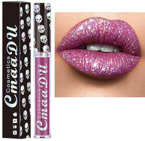 Allbesta 8 Couleurs Diamant Lipgloss Paillettes Brillant à Lèvres Crâne Liquide Rouge à Lèvres Métallisé Mat