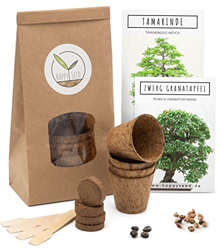 HappySeed Bonsai Starter Kit Anzuchtset inkl. GRATIS eBook - Pflanzset aus Kokostöpfen, Samen & Erde - nachhaltige Geschenkidee für Pflanzenfreunde (Zwerg-Granatapfel + Tamarinde)