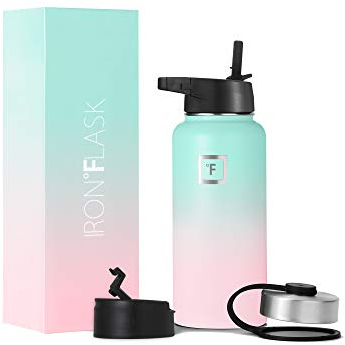 Iron Flask Bouteille d'eau de sport - 32 oz, 3 couvercles (couvercle en paille), acier inoxydable isolé sous vide, chaud froid, moderne à double paroi, tasse thermo simple (Bubble Gum)