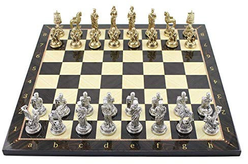 GiftHome Historische Troy-Figuren aus Metall Schachspiel für Erwachsene, handgefertigte Stücke und Walnussholz gemustertes Schachbrett König 6,6 cm