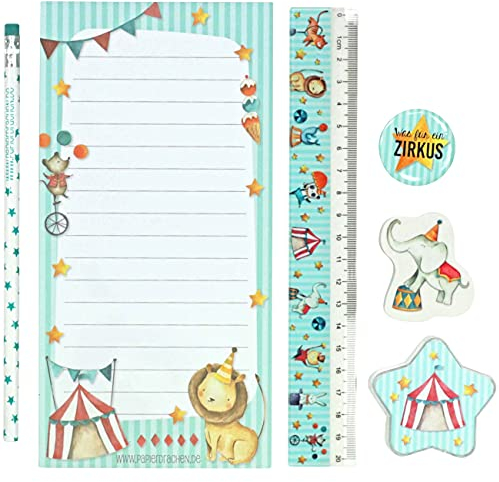 Papierdrachen 6-teiliges Schreibset für Grundschul Kinder | Zirkus-Motiv | mit Bleistift Spitzer Lineal Radierer Schreibblock | Geschenkidee zur Einschulung | Mitgebsel für Kindergeburtstag | Set 3