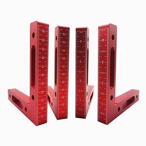 90 Grad Winkel-Klemme, 12 cm x 12 cm Positionierwinkel, Aluminiumlegierung Rechtwinkliges Holzbearbeitungswerkzeug für Boxen Bilderrahmen Regalschränke (RED, 4 Pack)