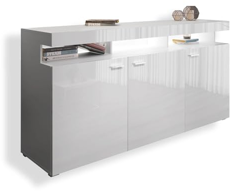 lukmebel Vancouver W9.872 dreitürige Kommode und Fachböden, weiß glänzend, Schichtstoffplatte, B 179 cm, H 89 cm, modern, poliertes Produkt