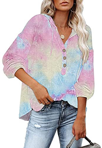 PLOKNRD Kapuzenpullover Damen Langarm Knöpfen Pullover mit Kordelzug Freizeit V-Ausschnitt Hooded Henley Sweatshirt Klassisch(Süssigkeit, XL)