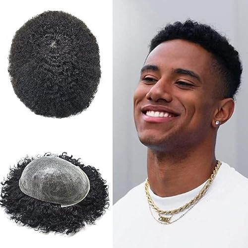 SINGA HAIR Afro-Toupet für schwarze Männer, Full Poly Skin PU Injektion 6 mm Afro Wave Human Hair Men Replacement System Fashion Afro Kinky Curl Men Hair Units (1 # Jet Black, 10 mm Afro Wave)