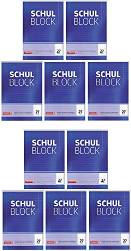 Brunnen 1052527 Schulblock/Notizblock (A4, 50 Blatt, liniert, mit Randlinien, Lineatur 27, gelocht, kopfverleimt, 70 g/m²) (10 Blöcke)