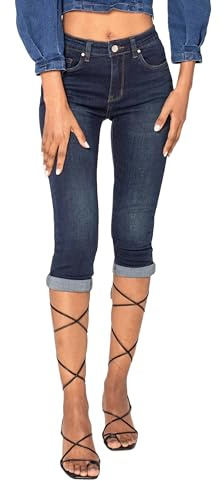 Nina Carter P132 Jean Capri Skinny Fit pour Femme Pantacourt Taille Haute Effet Usé et Lavage, Bleu Foncé (P132-2), S