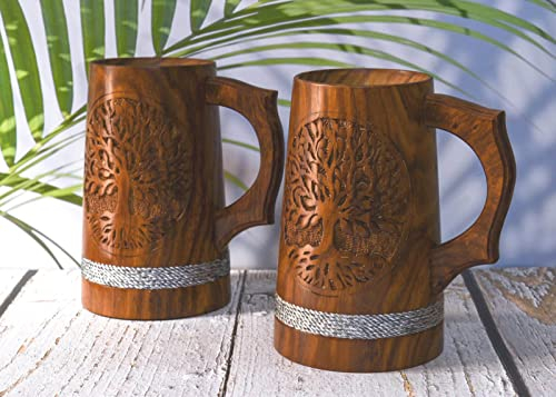 Chope à Bière Indienne Style Viking - 590 ml - Bois Dur Naturel - Cadeau de Mariage et d'Anniversaire pour Lui - Lot de 2 Tasses en Bois de Sheesham Avec Gravure