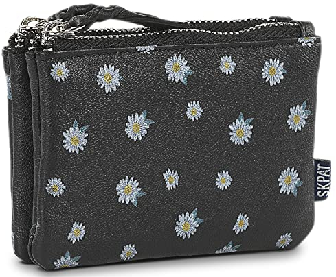 SKPAT - Geldbörse Damen Leder - Strapazierfähige Portmonee Damen Leder - Geldbeutel Damen. Damen-Geldbörsen. Portemonnaie Damen Leder mit Mehreren fächern 204860, Schwarze Gänseblümchen