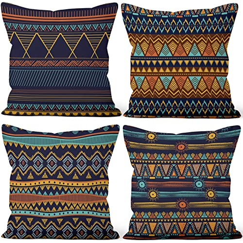 Aoihrraan Kissenbezüge 4er Set, Boho Muster Wurfkissenbezüge Retro Böhmische Geometrie Weicher Kurzer Plüsch Quadrat Kissenbezug für Sofa Couch Schlafzimmer Auto Stuhl Wohnkultur 40x40cm