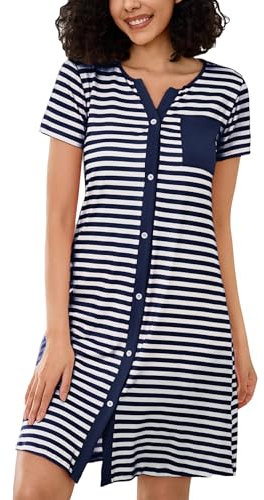 Marvmys Nachthemd Damen Kurzarm Nachtwäsche Sleepwear Stillnachthemd Baumwolle Sommer V-Ausschnitt Streifen Nachtkleid Schlafshirt Kurz Sleepshirt Knopfleiste