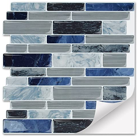Froadp 30x30cm PVC Fliesenaufkleber Selbstklebende Klebefliesen Set Klebefolie Fliesen Spritzschutz Fliesenoptik Wandschutzfolie Kacheldekor Fliesenfolie für Küche Bad (Blau-Grau, 10 Stück)