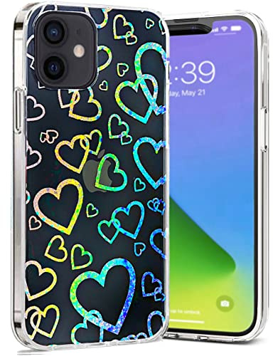 Abbery für iPhone 12/12 Pro Hülle Durchsichtig mit Motiv Reflektieren Herzen Glitzer Holografisch Bunt Herz Muster Transparent Case für Frauen Mädchen Stoßfeste Schutzhülle Handyhülle für 12/12 Pro