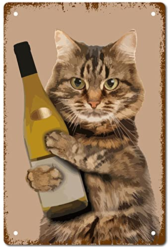 CREATCABIN Blechschild Mit Katze Wein Metall Vintage-Poster Lustige Tiere Kunstwerk Familie Wanddekoration Kunstdekoration Geschenk Für Bar Pub Wohnzimmer Küche Café Geschenk 8 x 12(5) cm